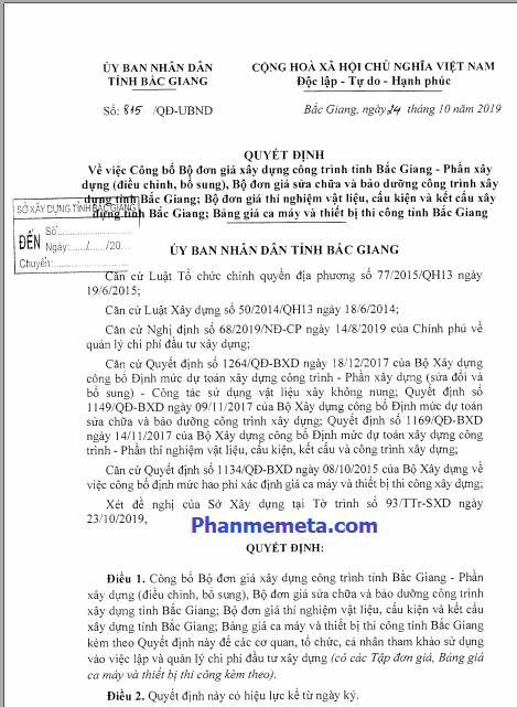 quyết định 815/QĐ-UBND đơn giá tỉnh Bắc Giang