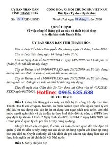 Bảng giá ca máy tỉnh Thanh Hóa năm 2020 theo Quyết định 2710/QĐ-UBND