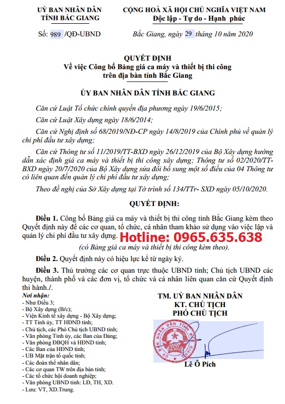 Bảng giá ca máy tỉnh Bắc Giang theo Quyết định 989/QĐ-UBND