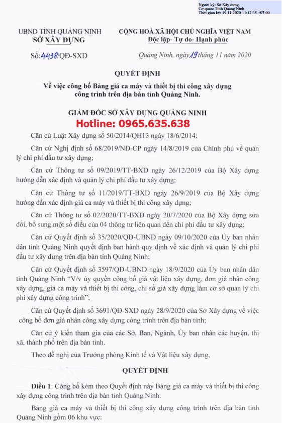 Bảng giá ca máy tỉnh Quảng Ninh 2020 Quyết định 4438/QĐ-SXD