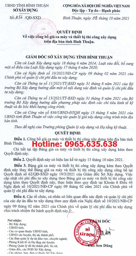 Quyết định 256/QĐ-SXD Bảng giá ca máy tỉnh Bình Thuận