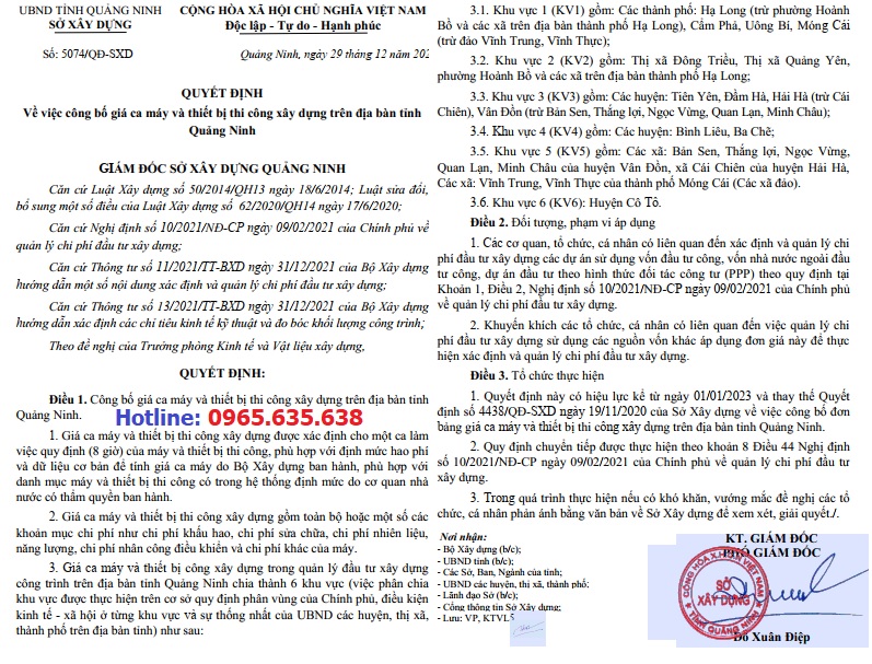 Bảng giá ca máy tỉnh Quảng Ninh năm 2023 Quyết định 5074/QĐ-SXD