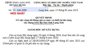 Quyết định 12/QĐ-SXD Bảng giá ca máy tỉnh Lạng Sơn năm 2023
