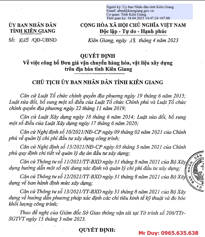 quyết định 1015/qđ-ubnd cước sông Kiên Giang