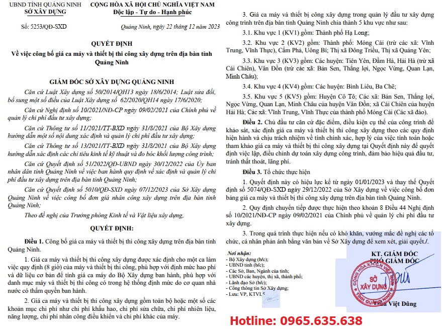 Quyết định 5253/QĐ-SXD Bảng giá ca máy tỉnh Quảng Ninh