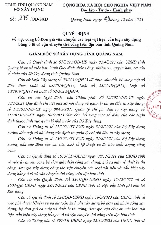 Quyết định 275/QĐ-SXD bảng cước vận chuyển tỉnh Quảng Nam năm 2024