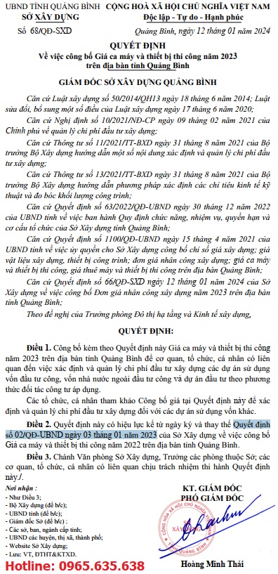 Quyết định 68/QĐ-SXD Bảng giá ca máy tỉnh Quảng Bình năm 2024 